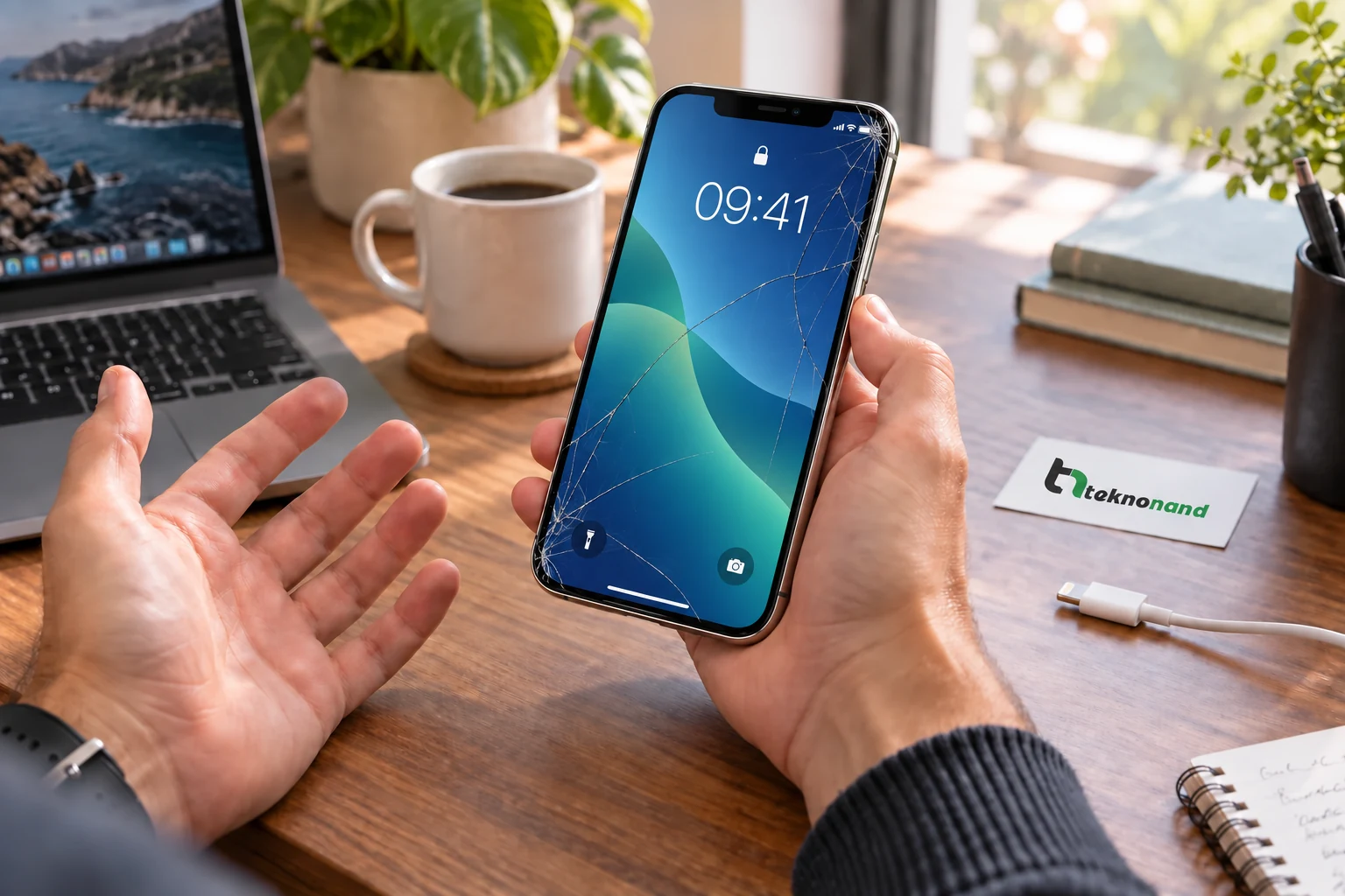 iPhone XS Max ön camındaki çatlağı fark eden müşteri; görüntüsü çalışan ekran ve Teknonand logolu masa