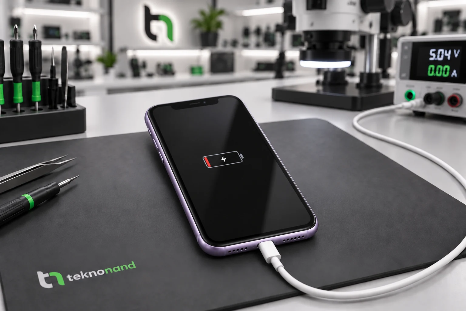 Lightning kablosu takılı iPhone 11 ekranında düşük pil ve şarj işareti; temsili servis tezgâhı
