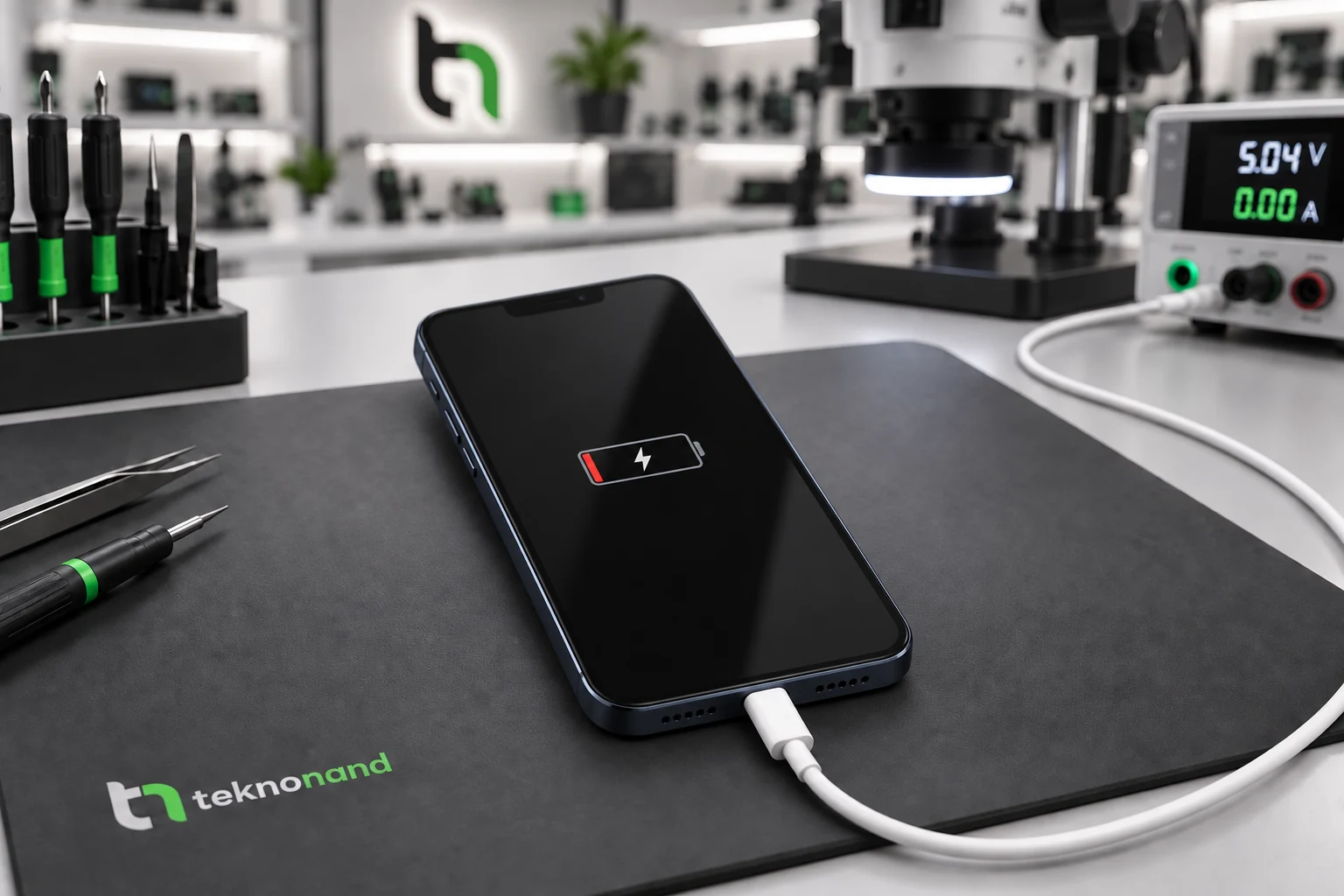Lightning kablosu takılı iPhone 13 ekranında düşük pil ve şarj işareti; temsili servis tezgâhı