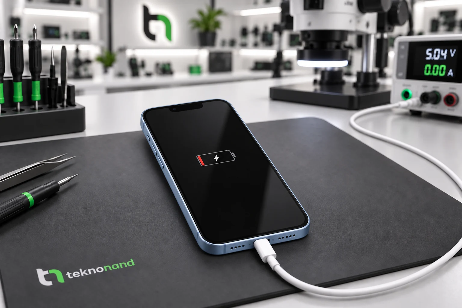Lightning kablosu takılı iPhone 14 ekranında düşük pil ve şarj işareti; temsili servis tezgâhı