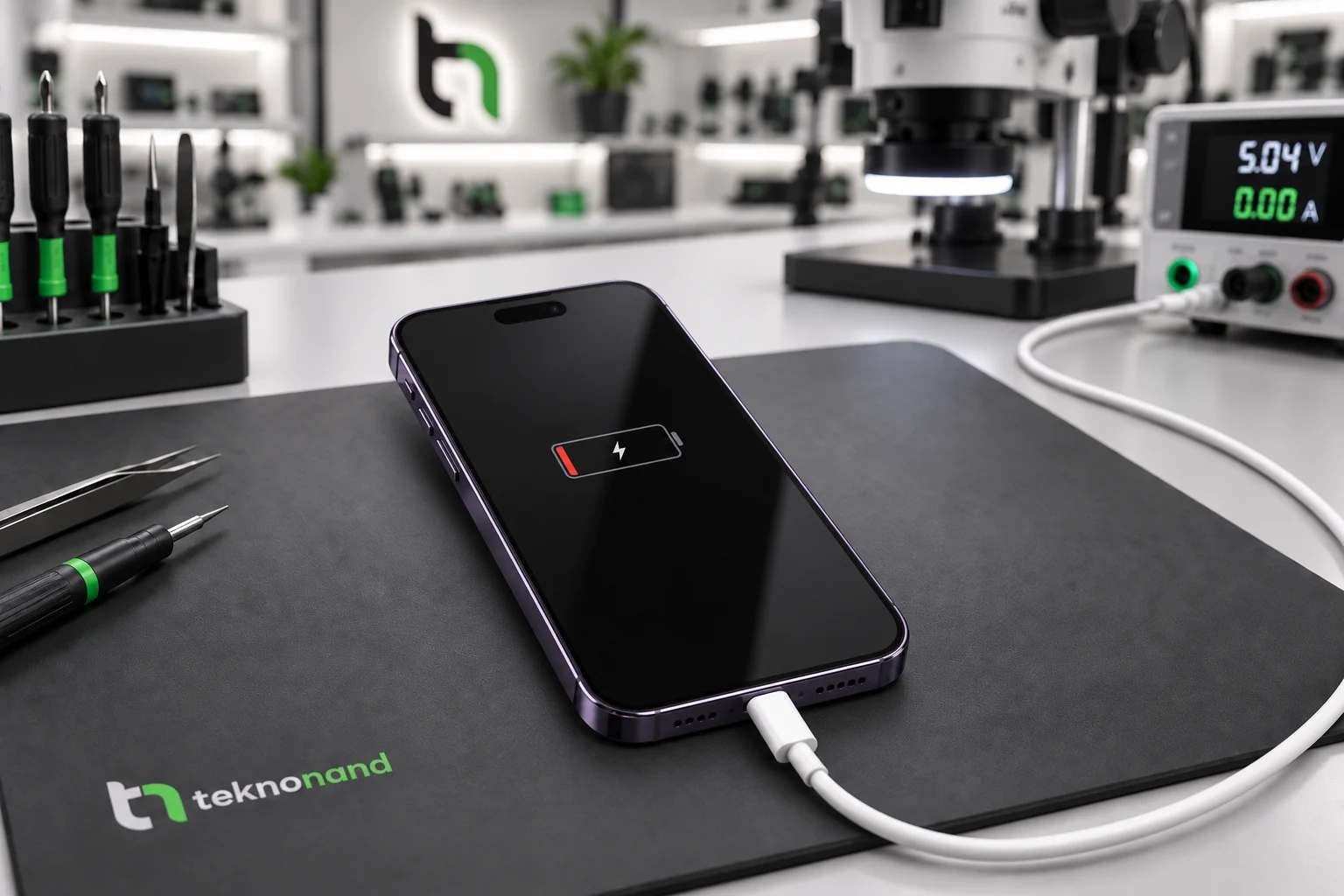 Lightning kablosu takılı iPhone 14 Pro ekranında düşük pil ve şarj işareti; temsili servis tezgâhı