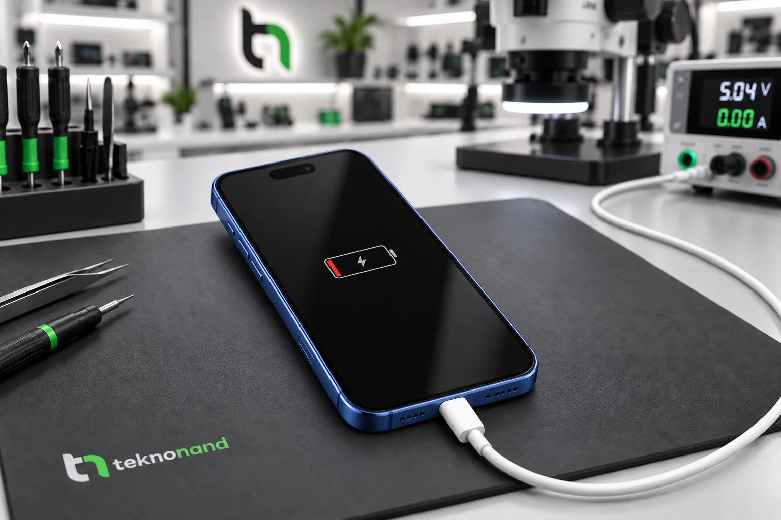USB-C kablosu takılı iPhone 16 ekranında düşük pil ve şarj işareti; temsili servis tezgâhı