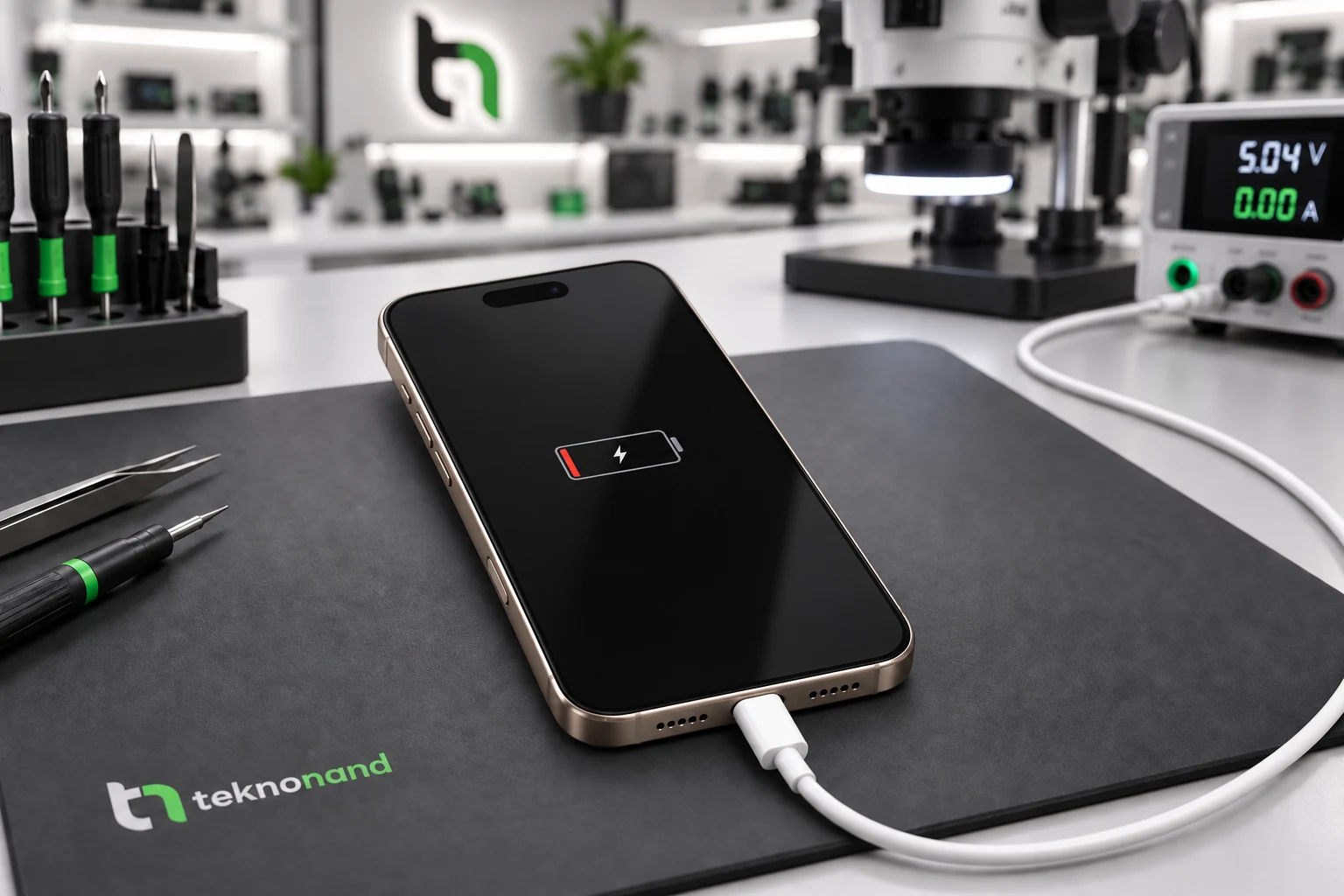 USB-C kablosu takılı iPhone 16 Pro ekranında düşük pil ve şarj işareti; temsili servis tezgâhı