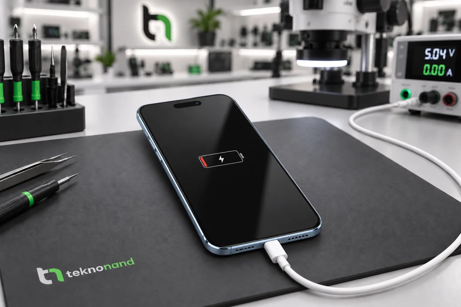 USB-C kablosu takılı iPhone Air ekranında düşük pil ve şarj işareti; temsili servis tezgâhı