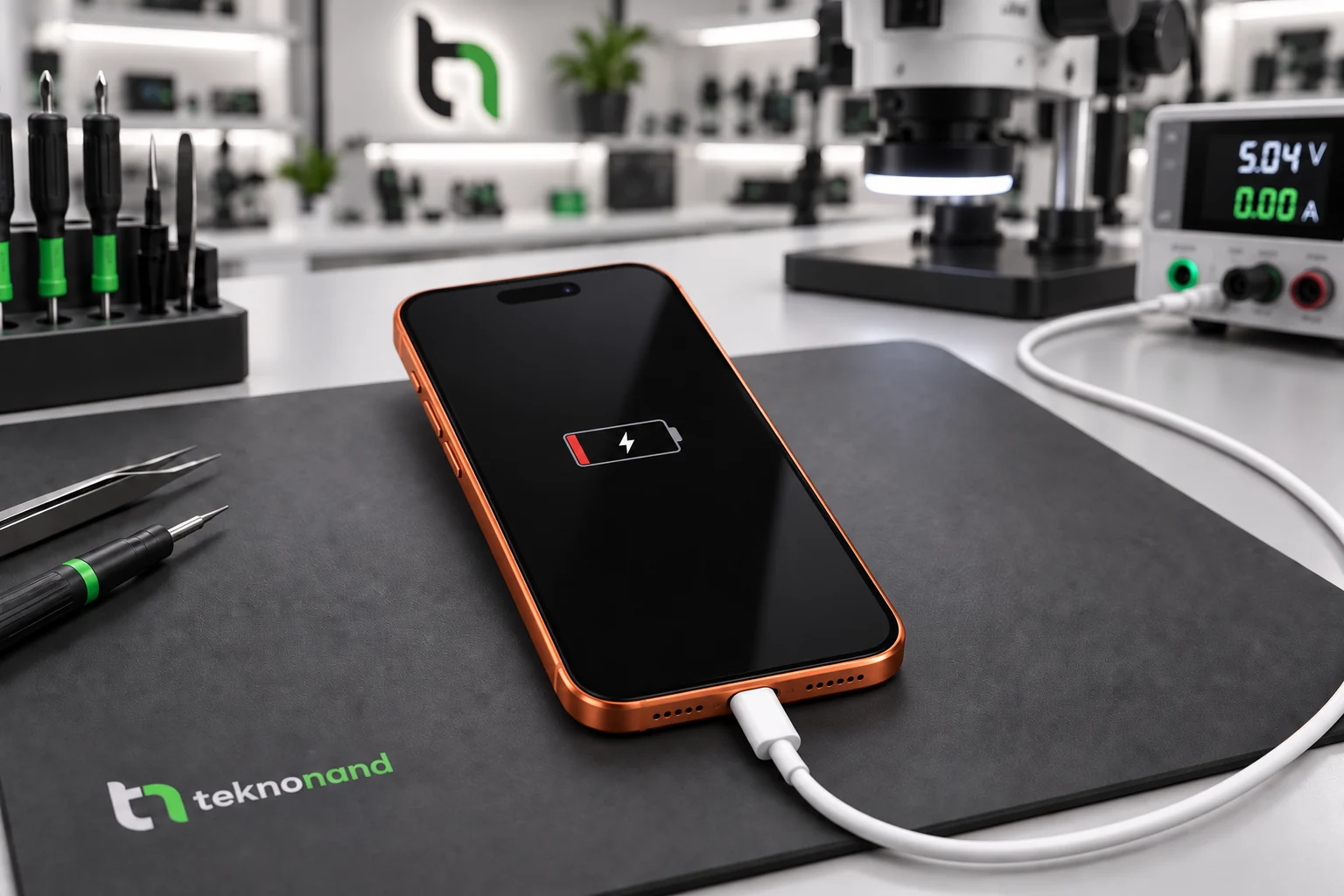 USB-C kablosu takılı iPhone 17 Pro ekranında düşük pil ve şarj işareti; temsili servis tezgâhı