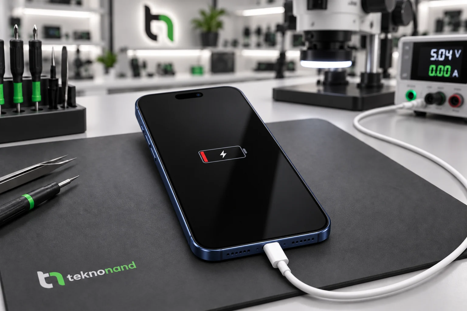 USB-C kablosu takılı iPhone 17 Pro Max ekranında düşük pil ve şarj işareti; temsili servis tezgâhı