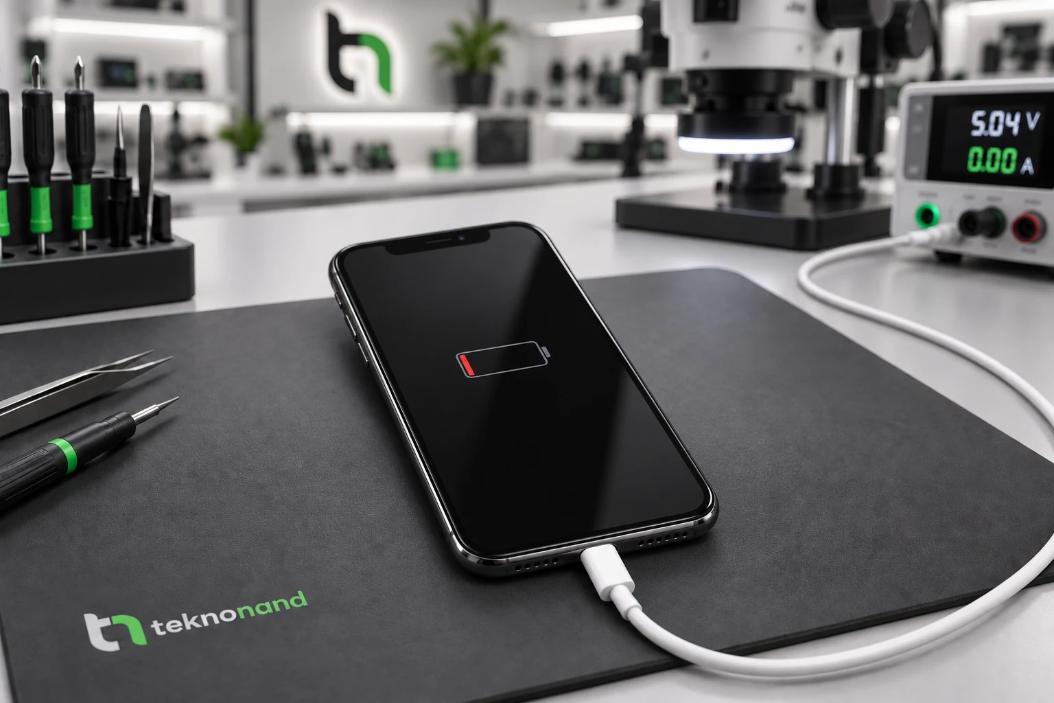 Lightning kablosu takılı iPhone X ekranında düşük pil ve şarj işareti; temsili servis tezgâhı