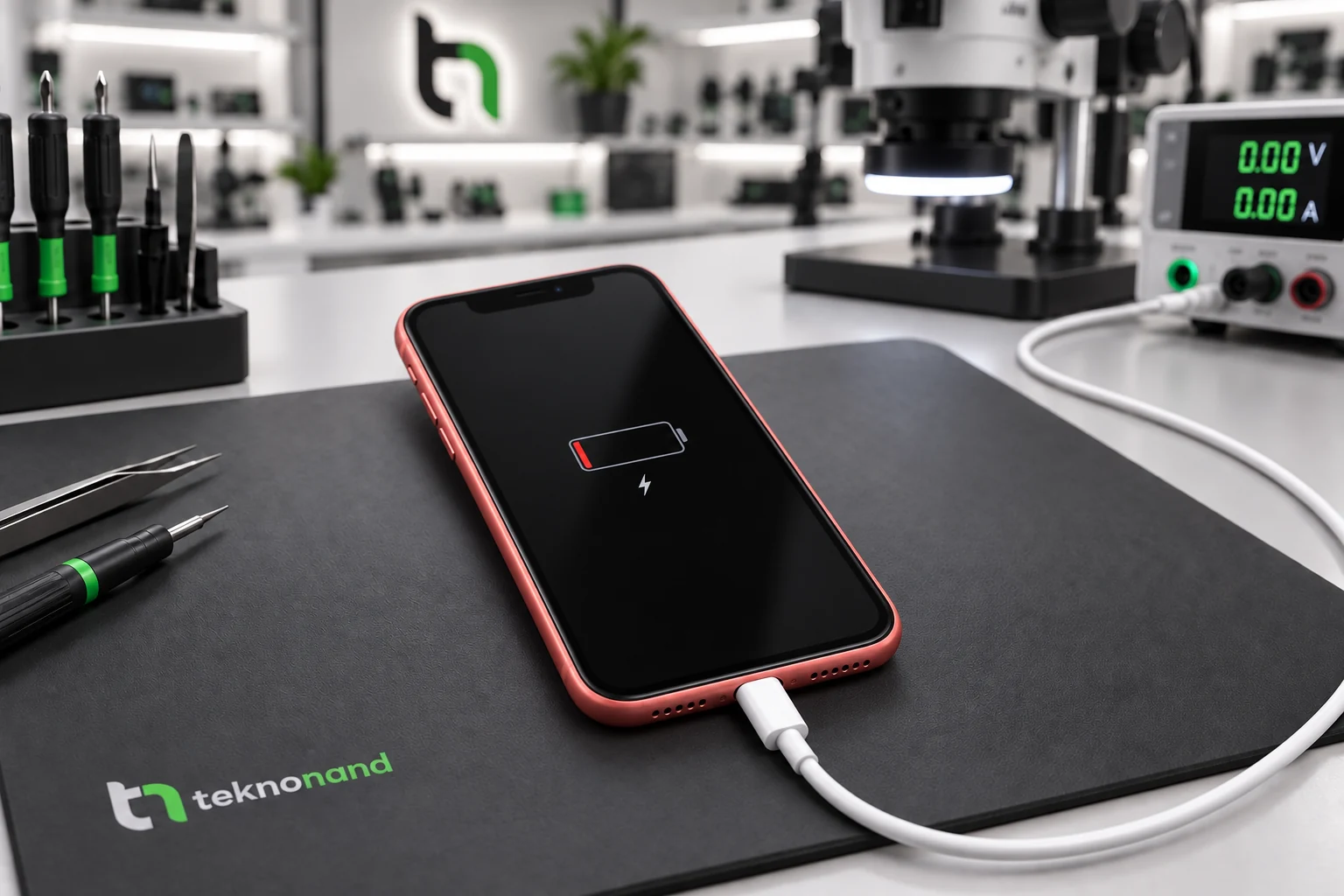 Lightning kablosu takılı iPhone XR ekranında düşük pil ve şarj işareti; temsili servis tezgâhı