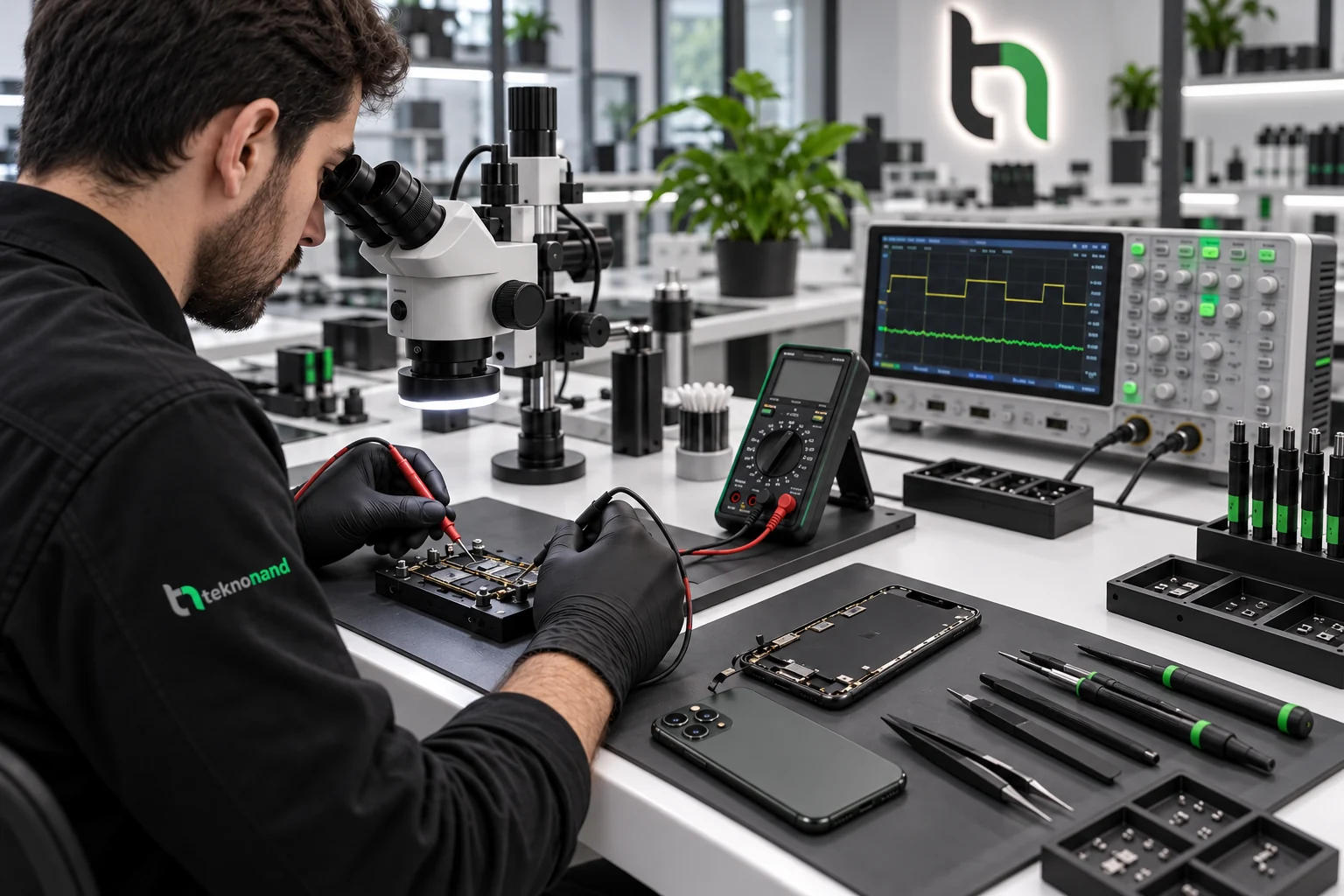 Lightning şarj devresinin mikroskop ve ölçüm cihazlarıyla incelendiği temsili Teknonand laboratuvarı