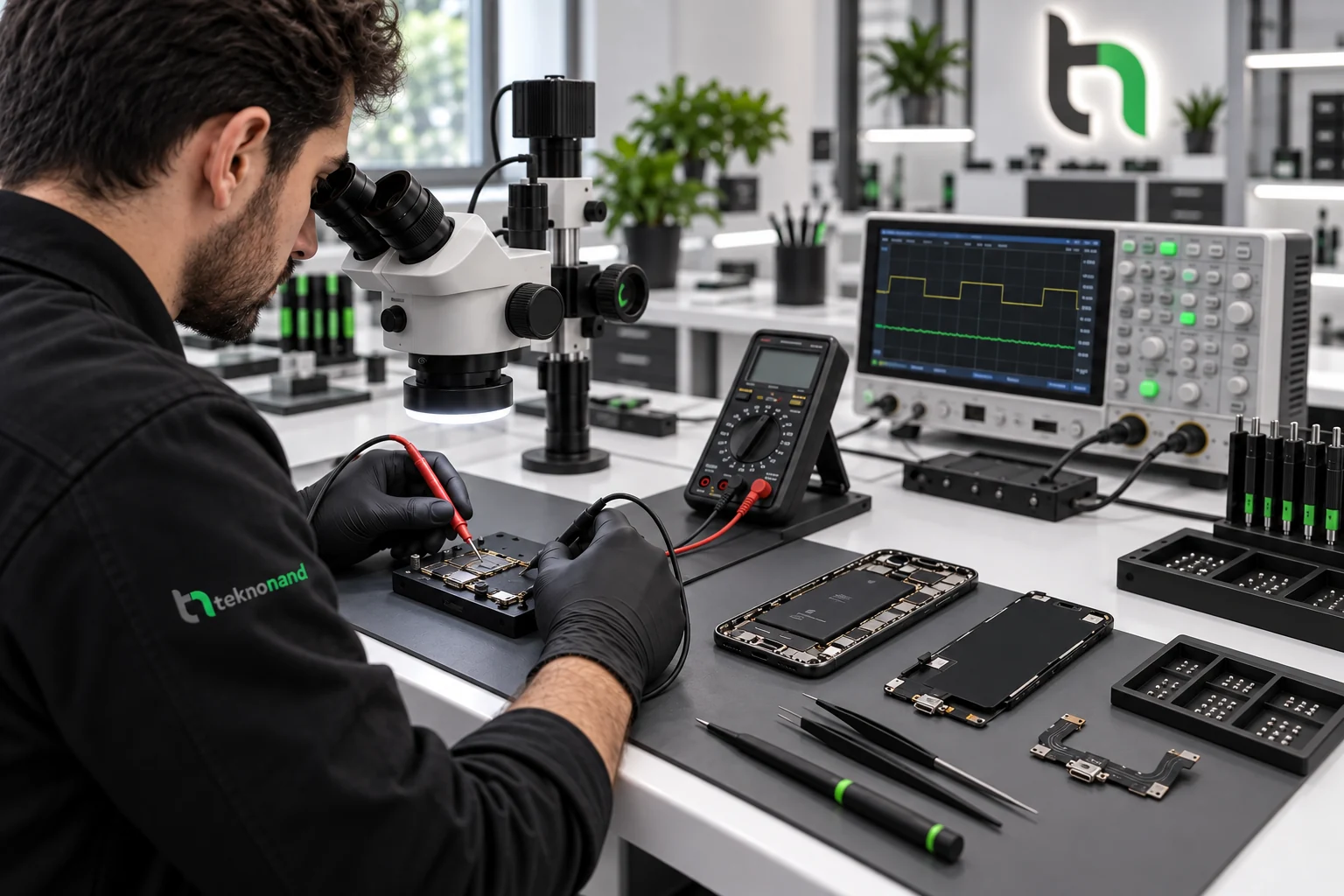 Lightning şarj devresinin mikroskop ve ölçüm cihazlarıyla incelendiği temsili Teknonand laboratuvarı