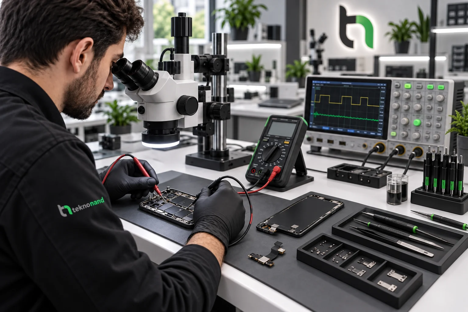 Lightning şarj devresinin mikroskop ve ölçüm cihazlarıyla incelendiği temsili Teknonand laboratuvarı
