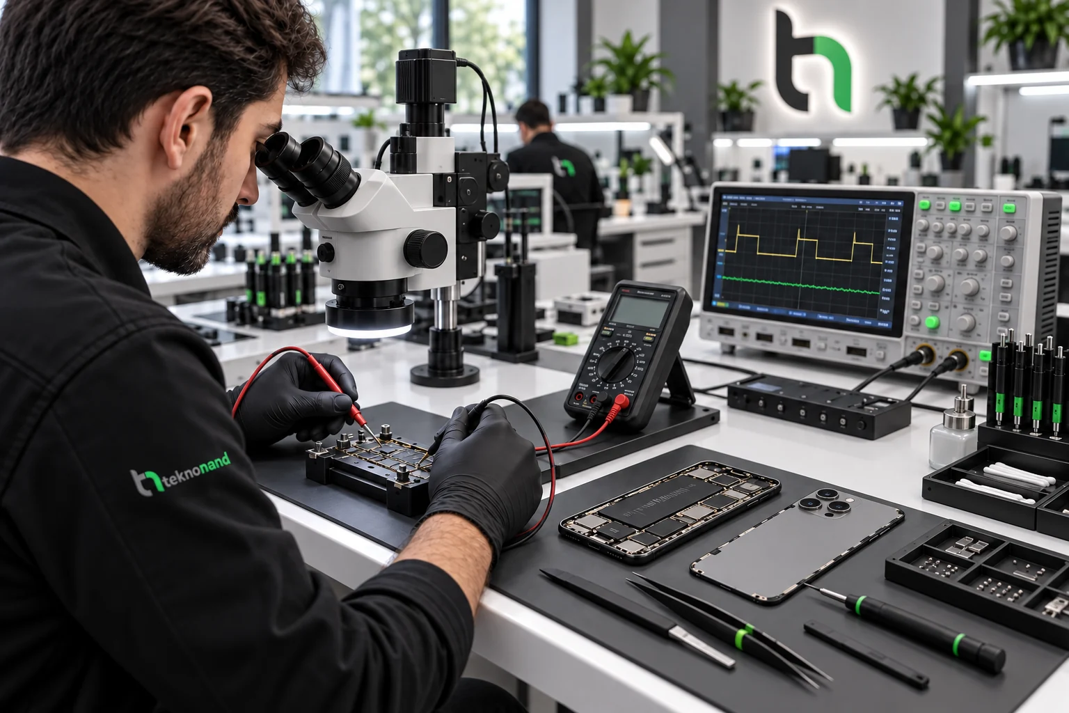 USB-C şarj devresinin mikroskop ve ölçüm cihazlarıyla incelendiği temsili Teknonand laboratuvarı