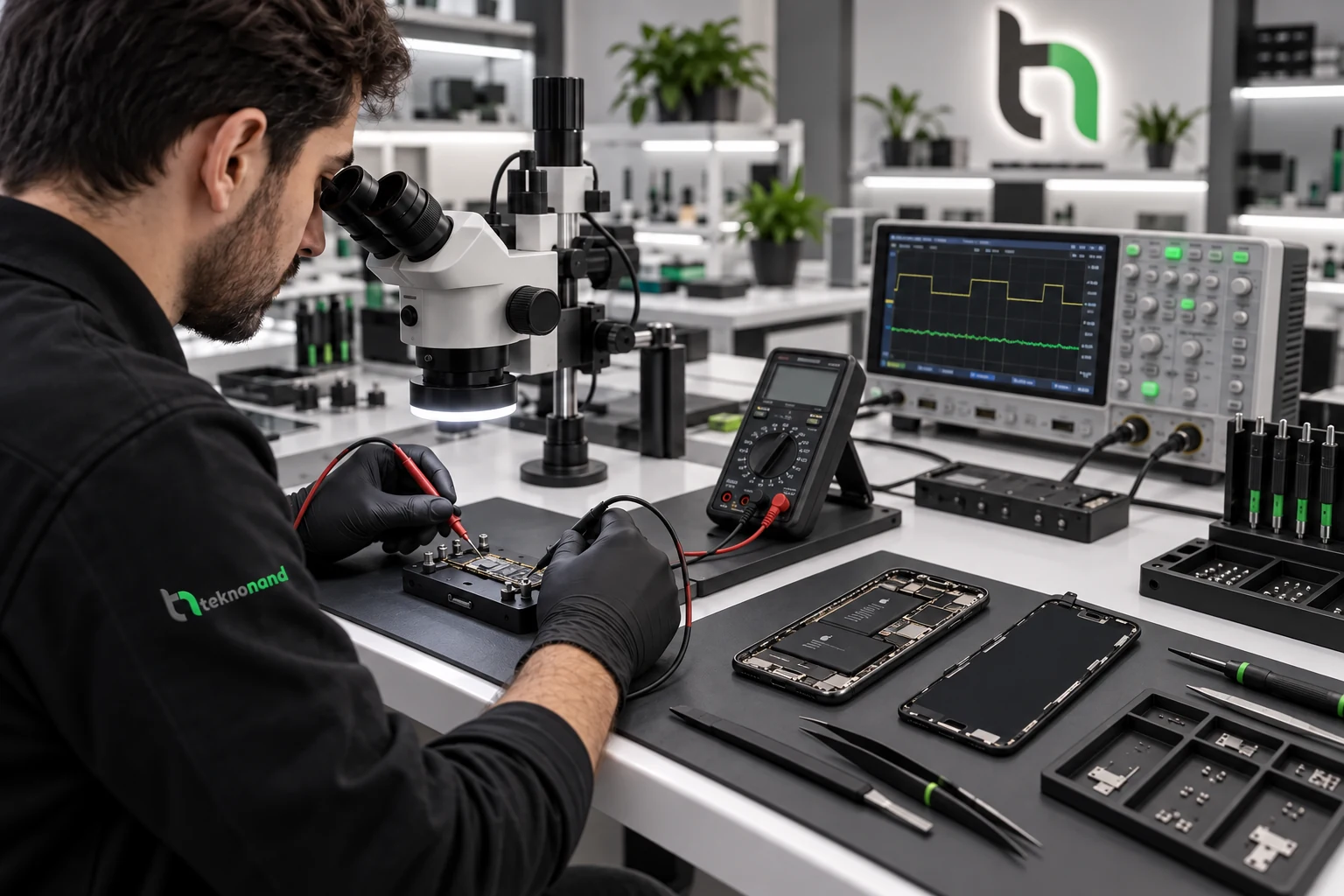 Lightning şarj devresinin mikroskop ve ölçüm cihazlarıyla incelendiği temsili Teknonand laboratuvarı