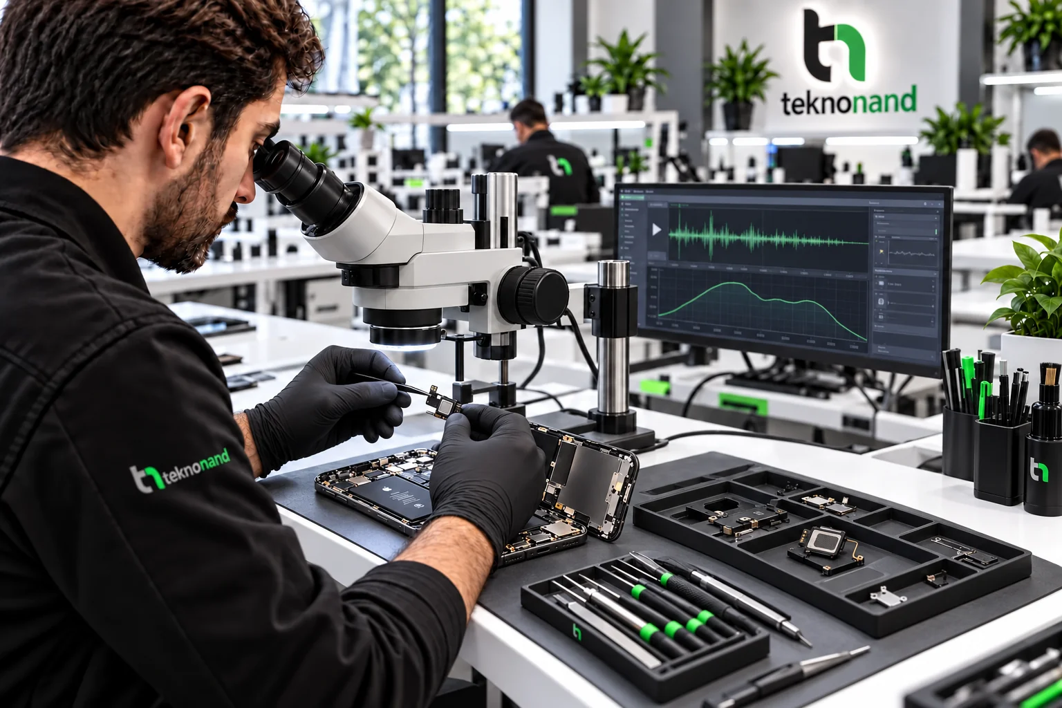 Teknonand laboratuvarında iPhone ses bileşenlerinin incelenmesini anlatan temsili görsel