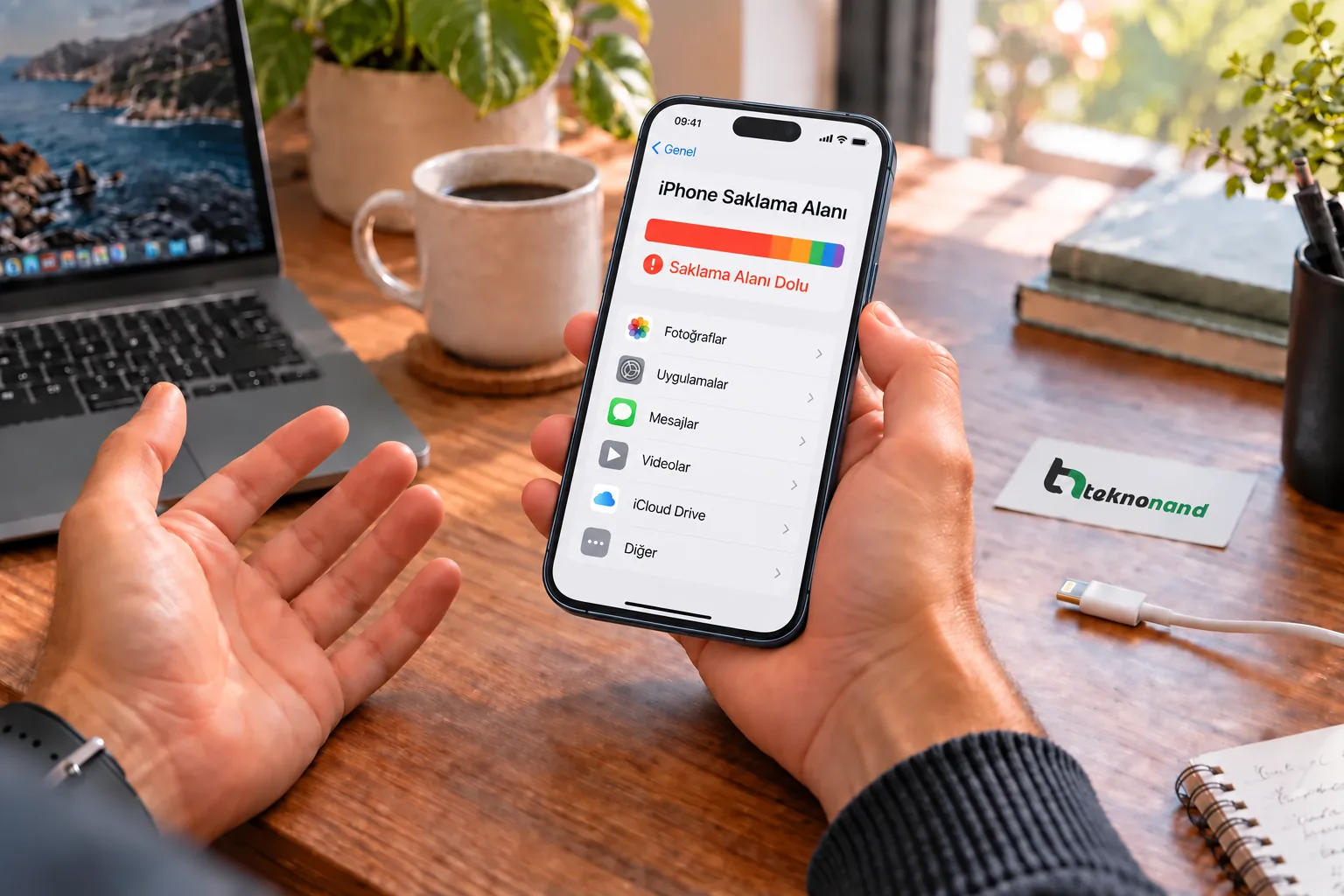 iPhone 15 Pro Max saklama alanı dolu uyarısını anlatan temsili telefon görseli